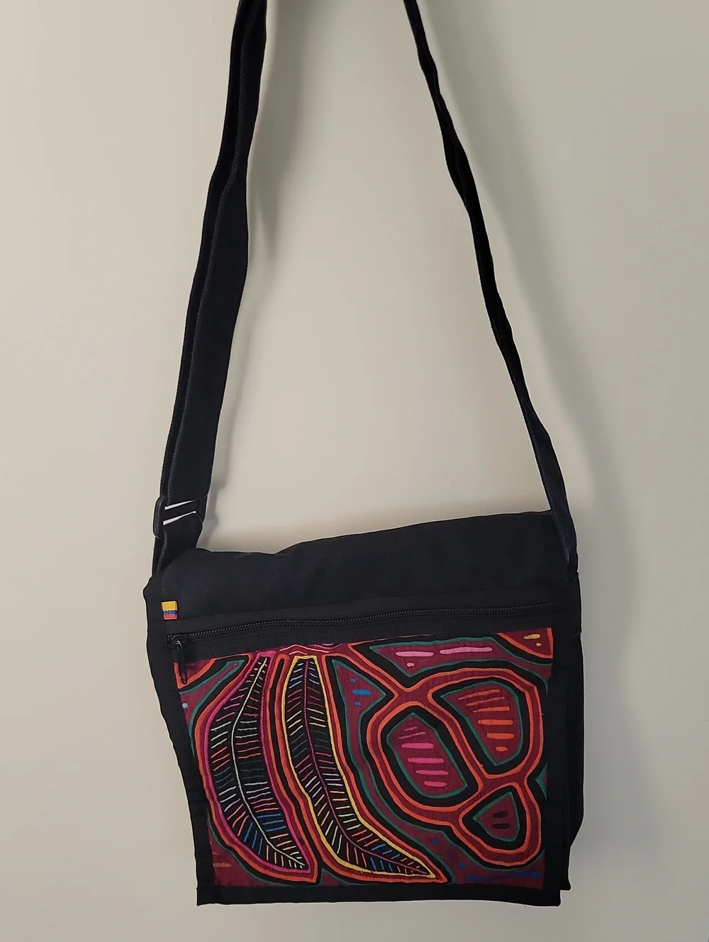 Black Crossbody Shoulder Bag with Colorful Embroidered Panel